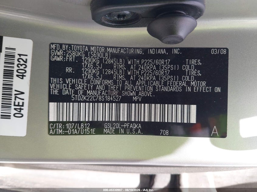 2008 Toyota Sienna VIN 5TDZK22C78S184527 IAAI salvage auction — FRONT END, Bill Of Sale (Washington), sold $500 on 2026-07-08 (photo 9)