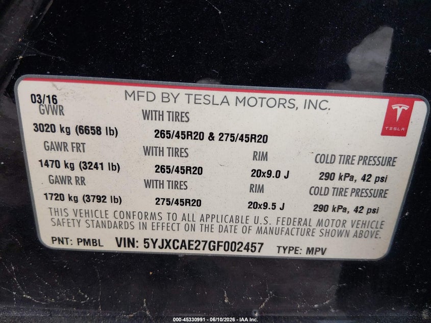 2016 Tesla Model x VIN 5YJXCAE27GF002457 IAAI salvage auction — NORMAL WEAR, Clear (Georgia), sold $2,150 on 2026-07-30 (photo 9)