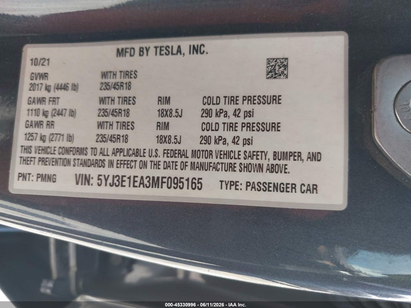 2021 Tesla Model 3 VIN 5YJ3E1EA3MF095165 IAAI salvage auction — LEFT FRONT, Salvage (Arizona), sold $5,000 on 2026-07-30 (photo 9)