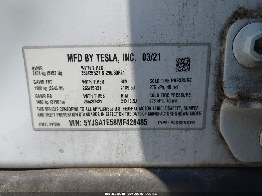2021 Tesla Model s VIN 5YJSA1E58MF428485 IAAI salvage auction — RIGHT SIDE, Salvage Title, sold $15,600 on 2026-07-15 (photo 9)