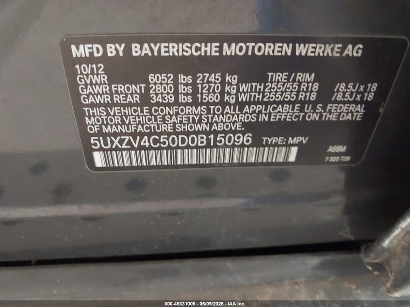 2013 BMW X5 VIN 5UXZV4C50D0B15096 IAAI salvage auction — NORMAL WEAR, Clear (Minnesota), sold $575 on 2026-07-22 (photo 9)