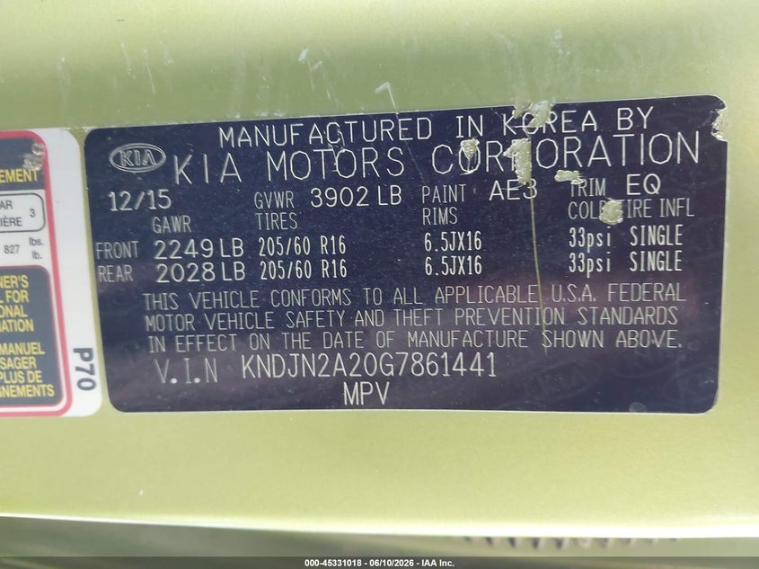 2016 Kia Soul VIN KNDJN2A20G7861441 IAAI salvage auction — NORMAL WEAR, Clear-Dealer Only (Arizona), sold $875 on 2026-07-07 (photo 9)