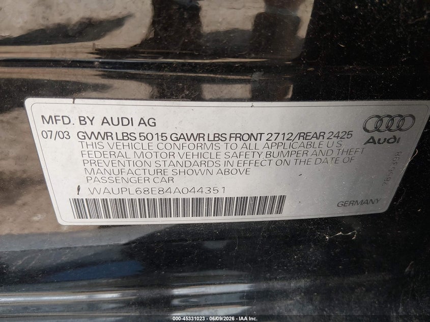 2004 Audi S4 VIN WAUPL68E84A044351 IAAI salvage auction — NORMAL WEAR, Clear (Virginia), sold $300 on 2026-07-09 (photo 9)