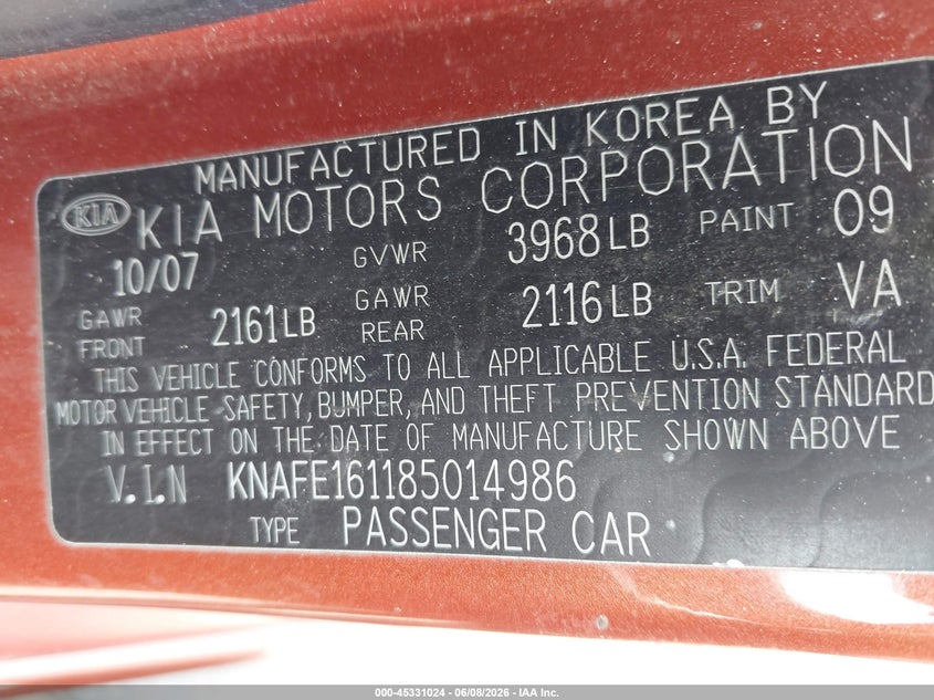 2008 Kia Spectra VIN KNAFE161185014986 IAAI salvage auction — NORMAL WEAR, Clear (North Carolina), sold $475 on 2026-07-22 (photo 9)
