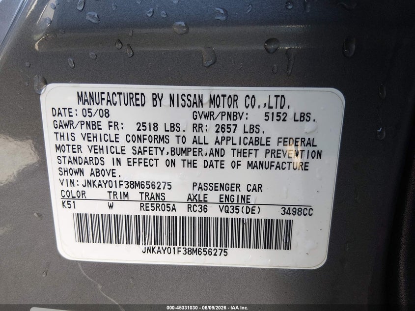 2008 Infiniti M VIN JNKAY01F38M656275 IAAI salvage auction — WATER/FLOOD, Salvage (Missouri), sold $25 on 2026-07-21 (photo 9)
