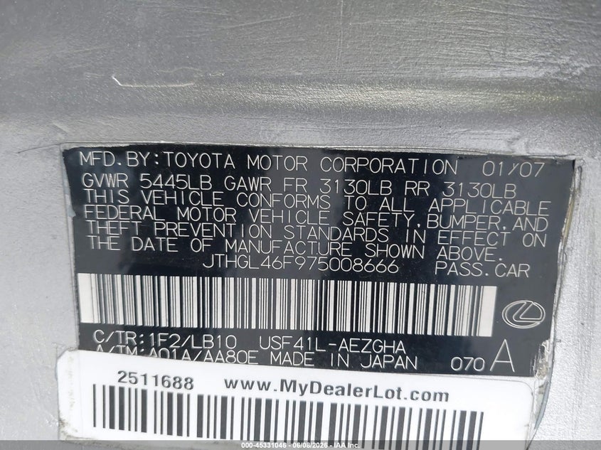 2007 Lexus Ls VIN JTHGL46F975008666 IAAI salvage auction — LEFT FRONT, Salvage (California), sold $725 on 2026-07-22 (photo 9)