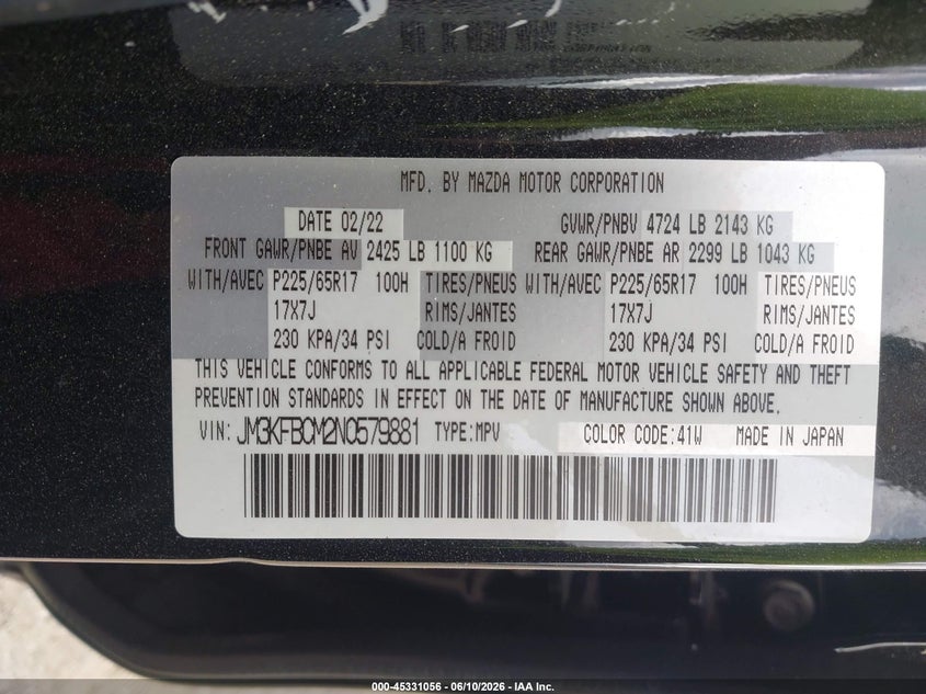 2022 Mazda Cx-5 VIN JM3KFBCM2N0579881 IAAI salvage auction — ROOF, Salvage Title, sold $3,850 on 2026-07-31 (photo 9)