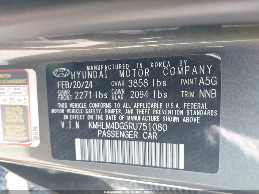 2024 Hyundai Elantra VIN KMHLM4DG5RU751080 IAAI salvage auction — FRONT & REAR, Mv-907A (New York), sold $4,050 on 2026-07-07 (photo 9)