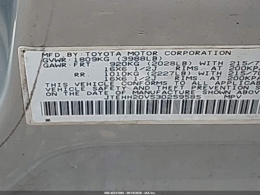 2003 Toyota Rav 4 VIN JTEHH20V530259585 IAAI salvage auction — NORMAL WEAR, Clear (New York), sold $600 on 2026-07-14 (photo 9)