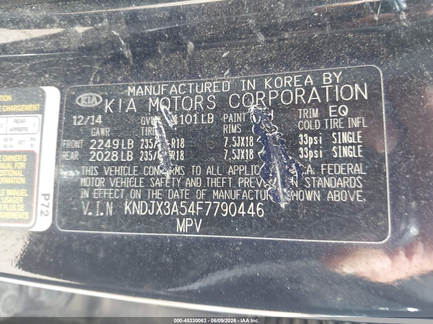 2015 Kia Soul VIN KNDJX3A54F7790446 IAAI salvage auction — NORMAL WEAR, Salvage Title, sold $400 on 2026-07-08 (photo 9)