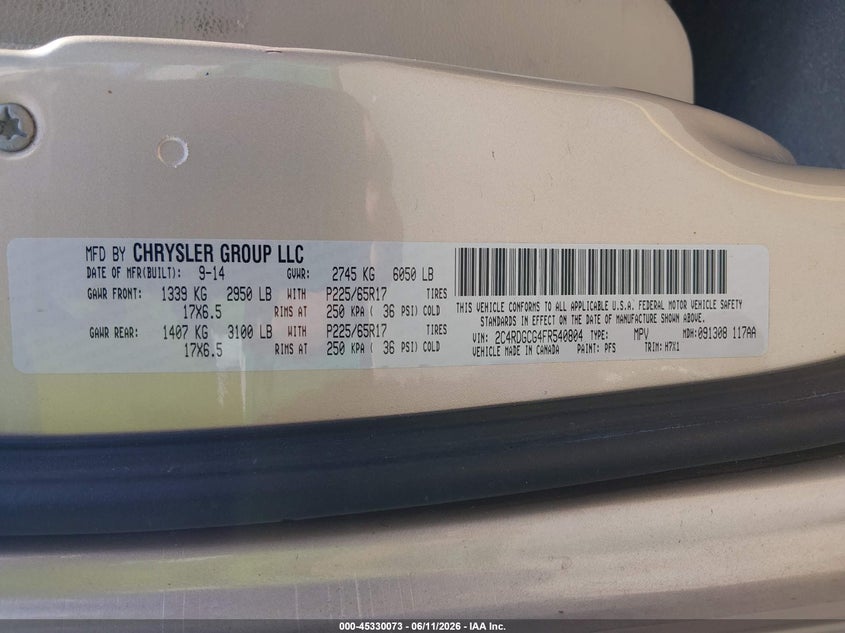 2015 Dodge Grand caravan VIN 2C4RDGCG4FR540804 IAAI salvage auction — REAR END, Repossession Paperwork (South Carolina), sold $500 on 2026-07-22 (photo 9)