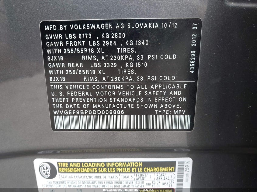 2013 Volkswagen Touareg VIN WVGEF9BP0DD008886 IAAI salvage auction — NORMAL WEAR, Salvage Title, sold $425 on 2026-07-19 (photo 9)