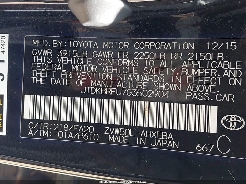 2016 Toyota Prius VIN JTDKBRFU7G3502904 IAAI salvage auction — NORMAL WEAR, Clear (New York), sold $3,550 on 2026-07-28 (photo 9)