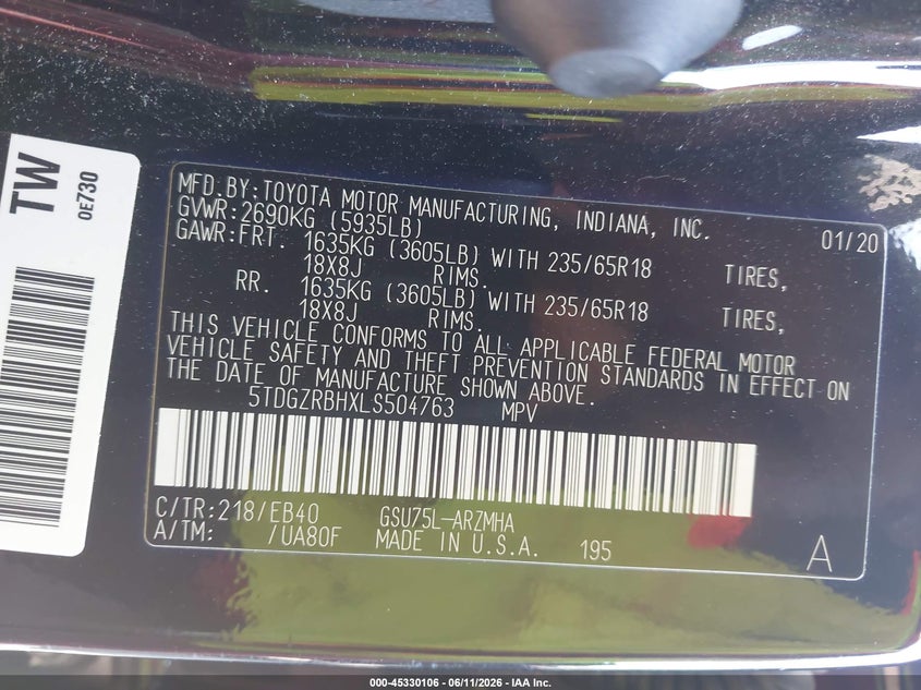 2020 Toyota Highlander VIN 5TDGZRBHXLS504763 IAAI salvage auction — HAIL, Salvage Title, sold $14,100 on 2026-07-30 (photo 9)