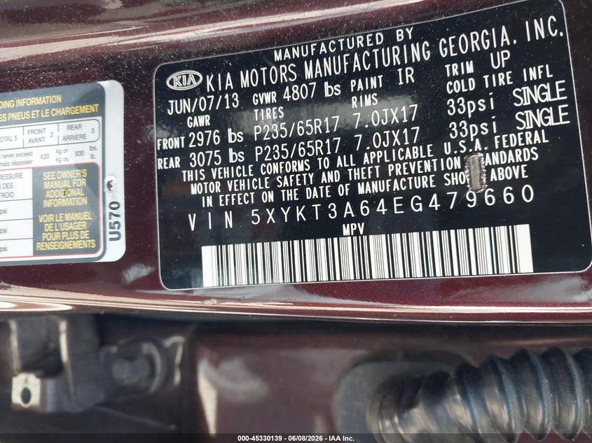 2014 Kia Sorento VIN 5XYKT3A64EG479660 IAAI salvage auction — NORMAL WEAR, Clear (New York), sold $1,200 on 2026-07-14 (photo 9)