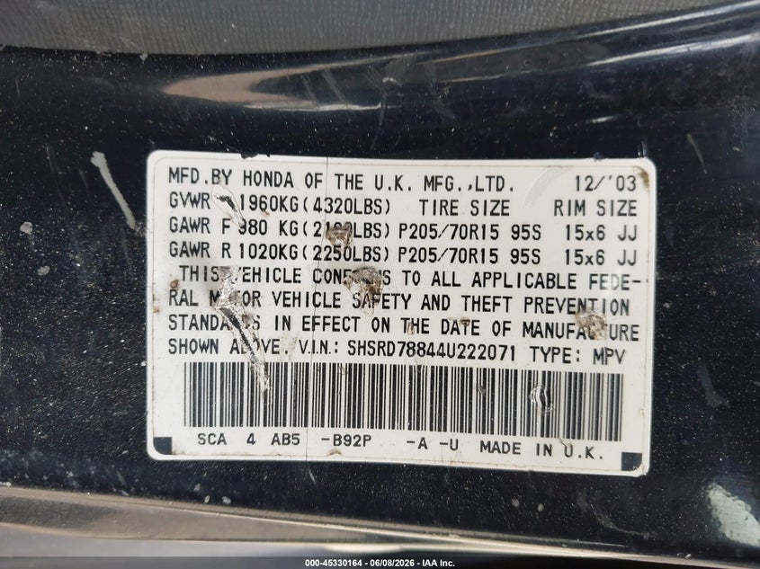 2004 Honda Cr-v VIN SHSRD78844U222071 IAAI salvage auction — NORMAL WEAR, Clear (New Jersey), sold $475 on 2026-07-28 (photo 9)