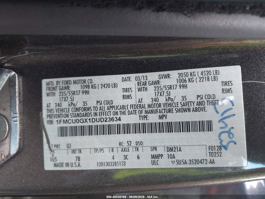 2013 Ford Escape VIN 1FMCU0GX1DUD23634 IAAI salvage auction — FRONT END, Salvage Title, sold $825 on 2026-07-09 (photo 9)
