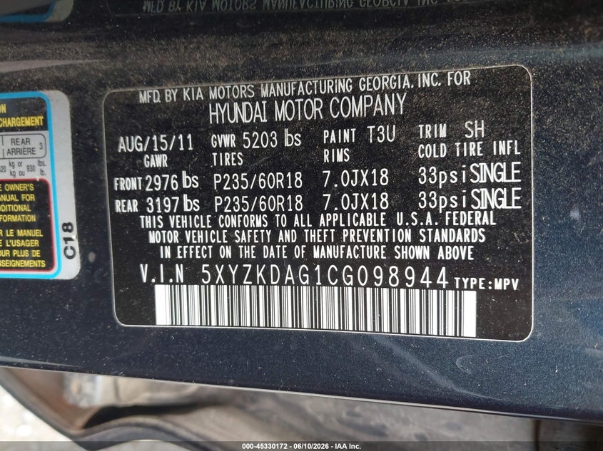 2012 Hyundai Santa fe VIN 5XYZKDAG1CG098944 IAAI salvage auction — FRONT & REAR, Salvage (New Jersey), sold $775 on 2026-07-11 (photo 9)