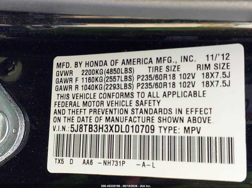 2013 Acura Rdx VIN 5J8TB3H3XDL010709 IAAI salvage auction — FRONT END, Salvage (Oklahoma), sold $1,000 on 2026-07-28 (photo 9)