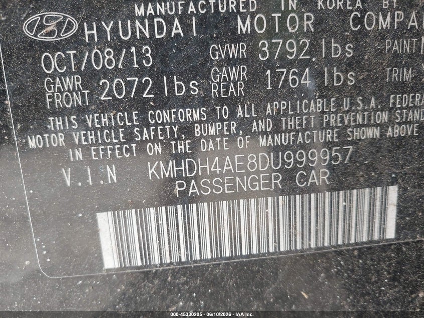 2013 Hyundai Elantra VIN KMHDH4AE8DU999957 IAAI salvage auction — NORMAL WEAR, Original (Texas), sold $450 on 2026-07-16 (photo 9)