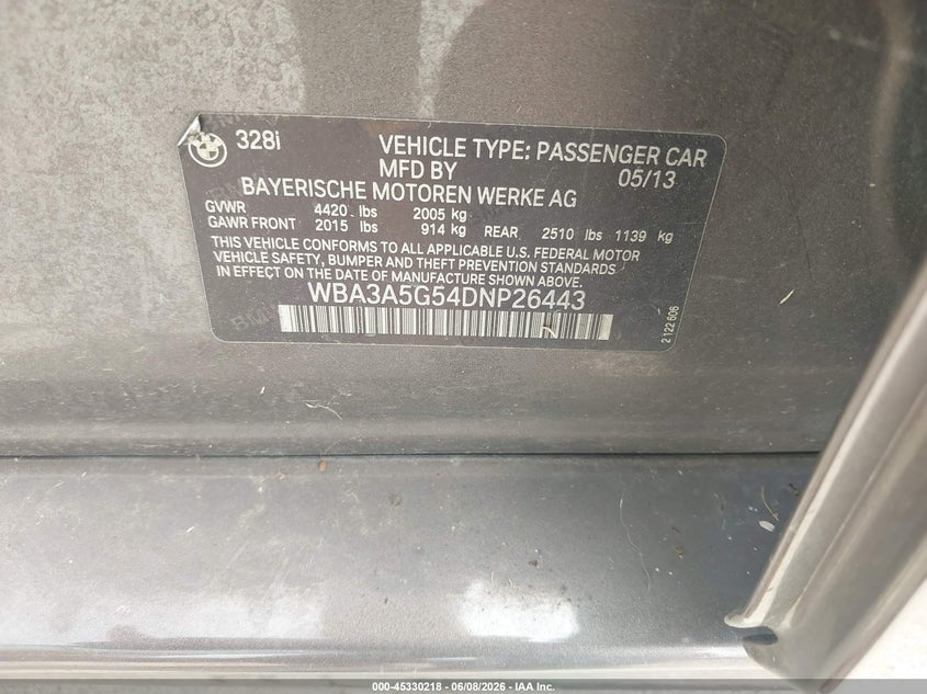2013 BMW 3 series VIN WBA3A5G54DNP26443 IAAI salvage auction — NORMAL WEAR, Original (Texas), sold $950 on 2026-07-17 (photo 9)