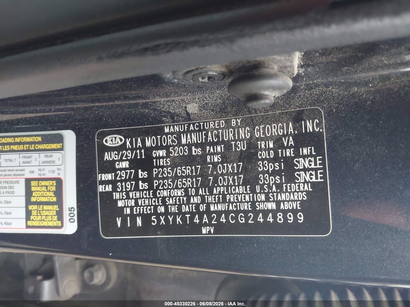 2012 Kia Sorento VIN 5XYKT4A24CG244899 IAAI salvage auction — NORMAL WEAR, Clear (Illinois), sold $475 on 2026-07-08 (photo 9)