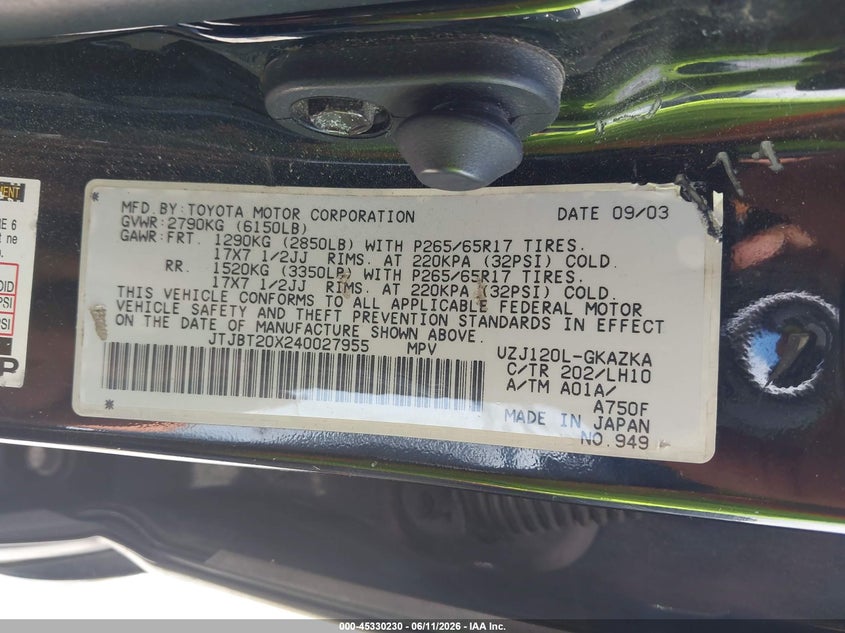 2004 Lexus Gx 470 VIN JTJBT20X240027955 IAAI salvage auction — LEFT & RIGHT, Original (Texas), sold $1,900 on 2026-07-13 (photo 9)