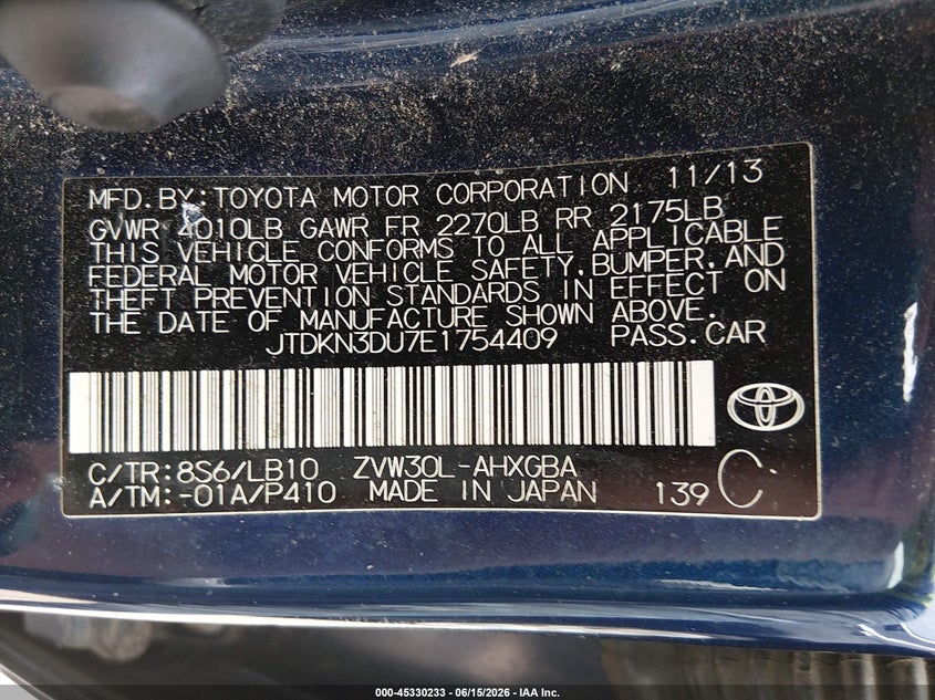 2014 Toyota Prius VIN JTDKN3DU7E1754409 IAAI salvage auction — HAIL, Junk Bill Of Sale Mv2459 (Wisconsin), sold $3,250 on 2026-07-22 (photo 9)