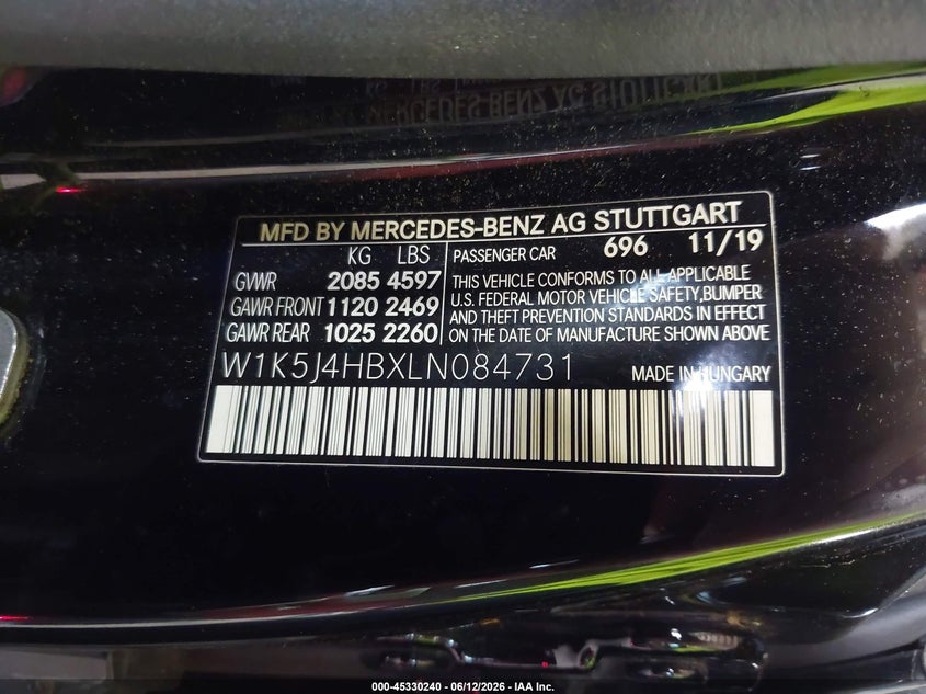 2020 Mercedes-benz Cla-klasse VIN W1K5J4HBXLN084731 IAAI salvage auction — FRONT END, Salvage Title, sold $8,200 on 2026-08-26 (photo 9)