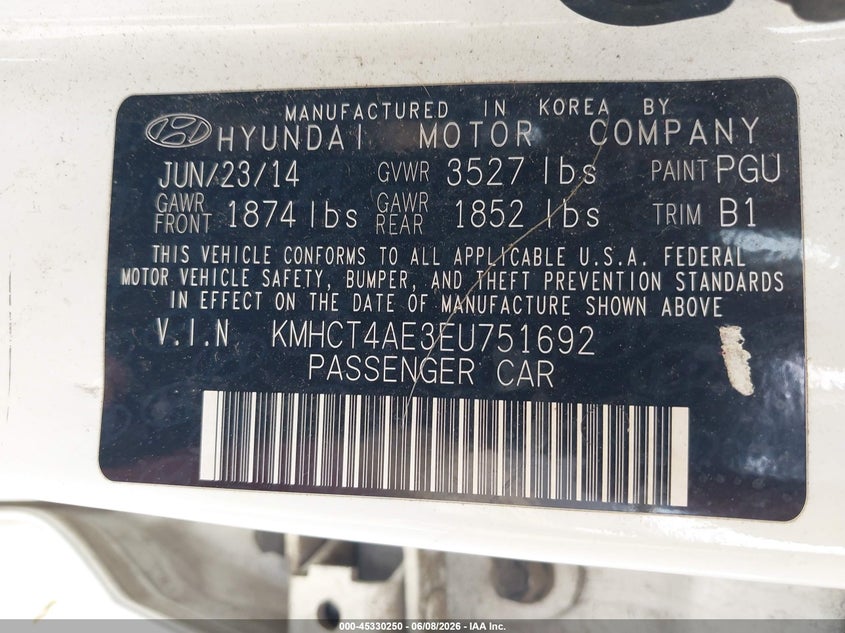 2014 Hyundai Accent VIN KMHCT4AE3EU751692 IAAI salvage auction — NORMAL WEAR, Salvage Title, sold $225 on 2026-07-29 (photo 9)