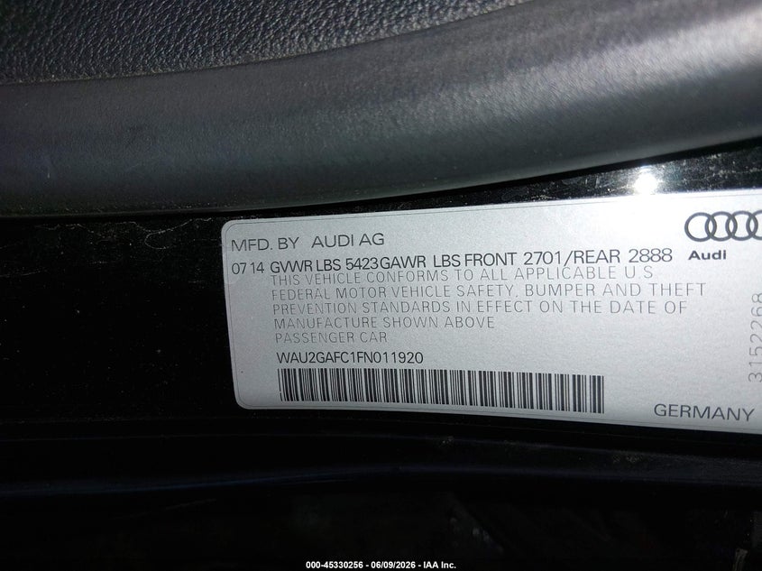 2015 Audi A7 VIN WAU2GAFC1FN011920 IAAI salvage auction — REAR END, Salvage Title, sold $6,250 on 2026-07-10 (photo 9)