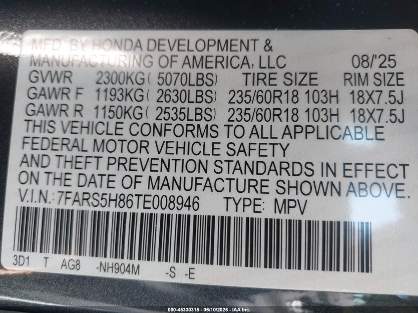 2026 Honda Cr-v VIN 7FARS5H86TE008946 IAAI salvage auction — FRONT END, Salvage Title, sold $25 on 2026-07-29 (photo 9)