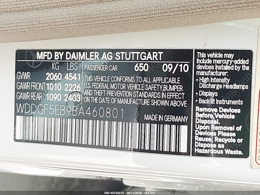 2011 Mercedes-benz C class VIN WDDGF5EB9BA460801 IAAI salvage auction — RIGHT SIDE, Original (Texas), sold $25 on 2026-07-29 (photo 9)