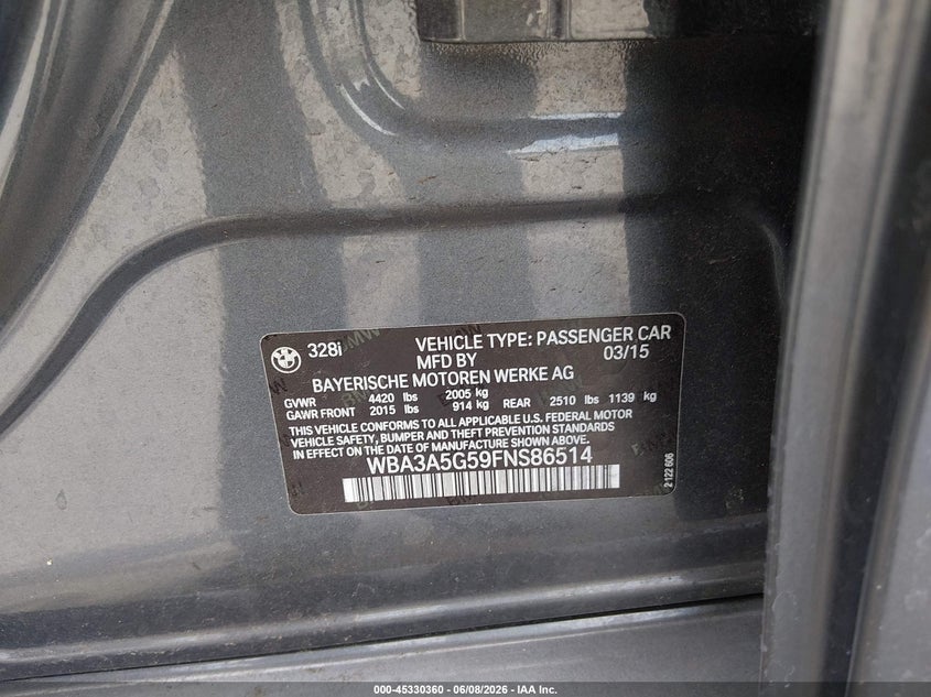 2015 BMW 3er VIN WBA3A5G59FNS86514 IAAI salvage auction — FRONT END, Salvage Title, sold $1,300 on 2026-07-10 (photo 9)