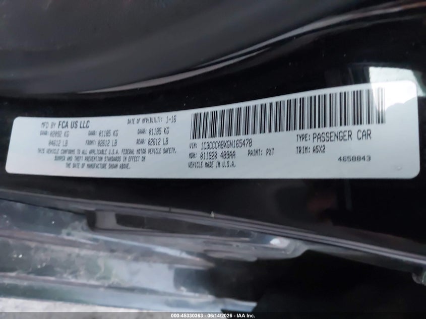 2016 Chrysler 200 VIN 1C3CCCABXGN165478 IAAI salvage auction — NORMAL WEAR, Original (Kentucky), sold $450 on 2026-07-20 (photo 9)