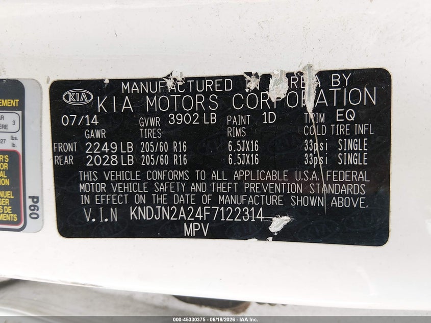 2015 Kia Soul VIN KNDJN2A24F7122314 IAAI salvage auction — NORMAL WEAR, Clear (Texas), sold $900 on 2026-07-09 (photo 9)