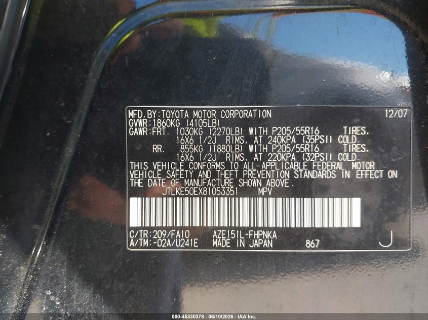 2008 Scion Xb VIN JTLKE50EX81053351 IAAI salvage auction — LEFT SIDE, Clear (Texas), sold $625 on 2026-07-09 (photo 9)