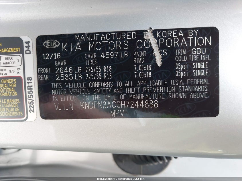 2017 Kia Sportage VIN KNDPN3AC0H7244888 IAAI salvage auction — NORMAL WEAR, Original (Texas), sold $3,500 on 2026-07-07 (photo 9)