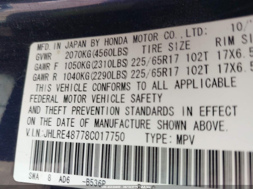 2008 Honda Cr-v VIN JHLRE48778C017750 IAAI salvage auction — NORMAL WEAR, Clear (Pennsylvania), sold $875 on 2026-07-14 (photo 9)