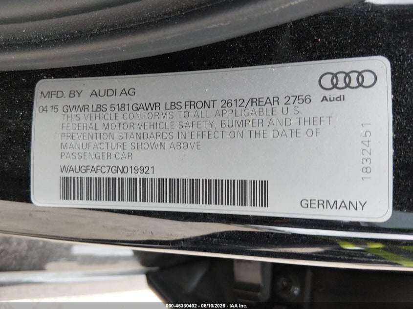 2016 Audi A6 VIN WAUGFAFC7GN019921 IAAI salvage auction — FRONT END, Salvage (Pennsylvania), sold $225 on 2026-07-28 (photo 9)