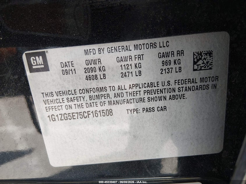 2012 Chevrolet Malibu VIN 1G1ZG5E75CF161508 IAAI salvage auction — NORMAL WEAR, Salvage Title, sold $375 on 2026-07-09 (photo 9)