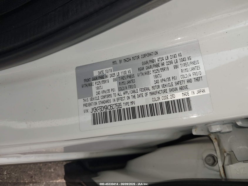 2019 Mazda Cx-5 VIN JM3KFBDM9K0507585 IAAI salvage auction — FRONT END, Salvage Title, sold $4,100 on 2026-07-29 (photo 9)