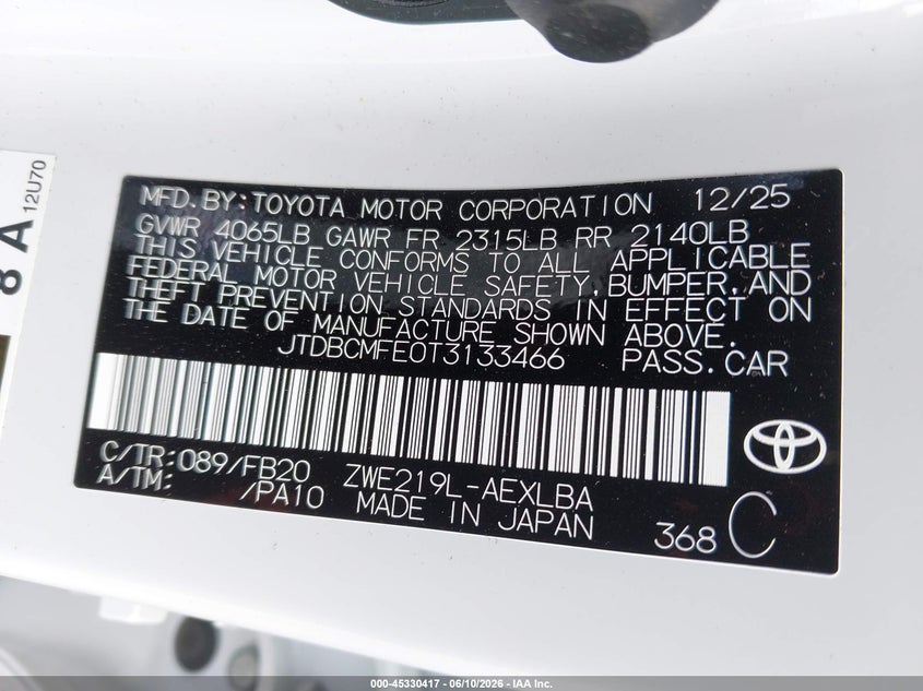 2026 Toyota Corolla VIN JTDBCMFE0T3133466 IAAI salvage auction — RIGHT FRONT, Salvage Title, sold $4,250 on 2026-07-28 (photo 9)