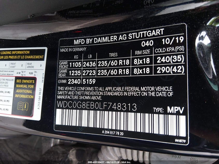 2020 Mercedes-benz Glc VIN WDC0G8EB0LF748313 IAAI salvage auction — FRONT END, Salvage Title, sold $5,400 on 2026-08-16 (photo 9)