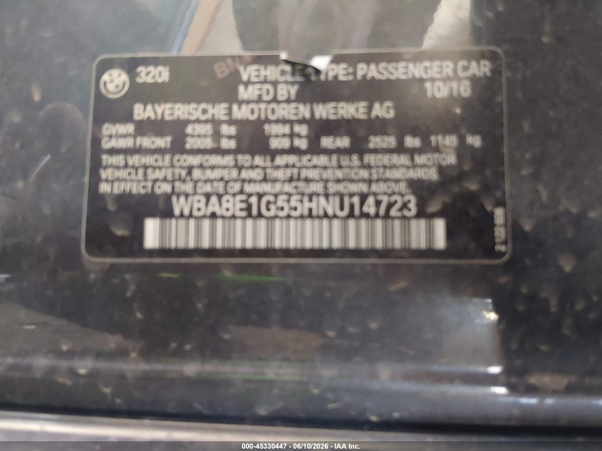 2017 BMW 3er VIN WBA8E1G55HNU14723 IAAI salvage auction — SIDE, Salvage (Arizona), sold $875 on 2026-07-28 (photo 9)