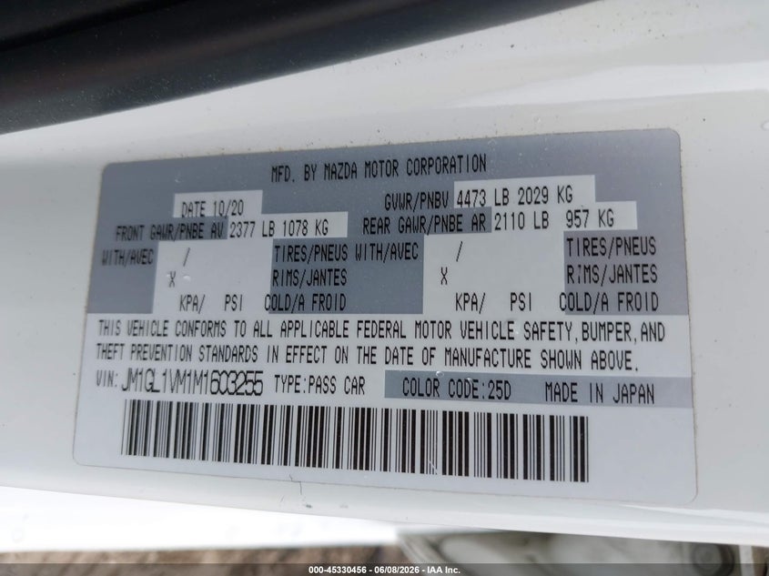 2021 Mazda 6 VIN JM1GL1VM1M1603255 IAAI salvage auction — FRONT END, Salvage Title, sold $950 on 2026-07-29 (photo 9)
