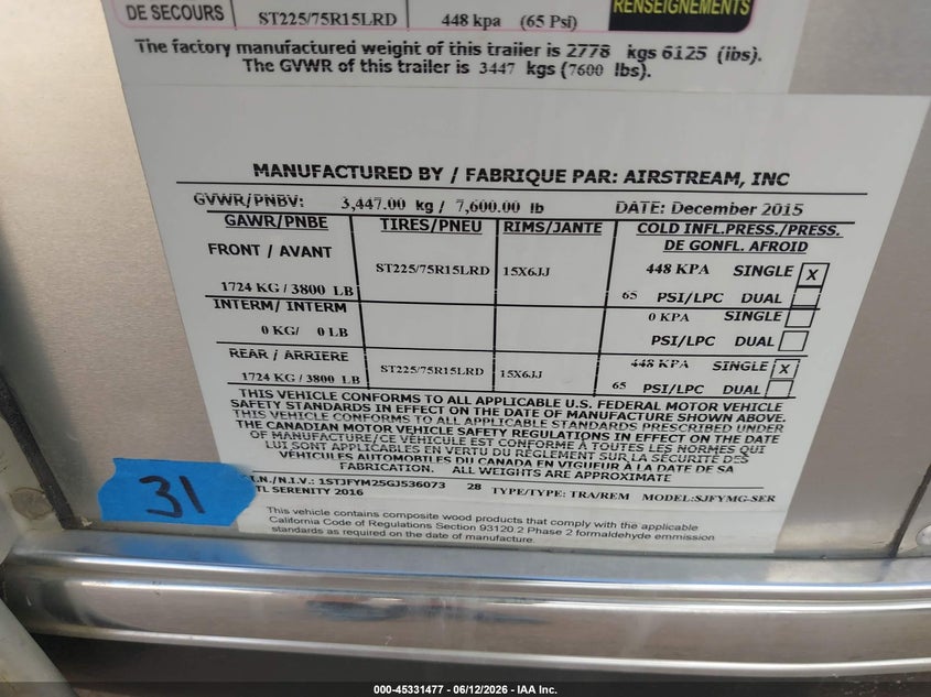 2016 Airstream Ct VIN 1STJFYM25GJ536073 IAAI salvage auction — HAIL, Original (Texas), sold $23,600 on 2026-07-28 (photo 9)