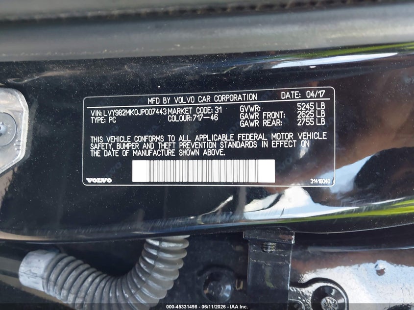 2018 Volvo S90 VIN LVY982MK0JP007443 IAAI salvage auction — FRONT END, Salvage (Ohio), sold $25 on 2026-07-28 (photo 9)