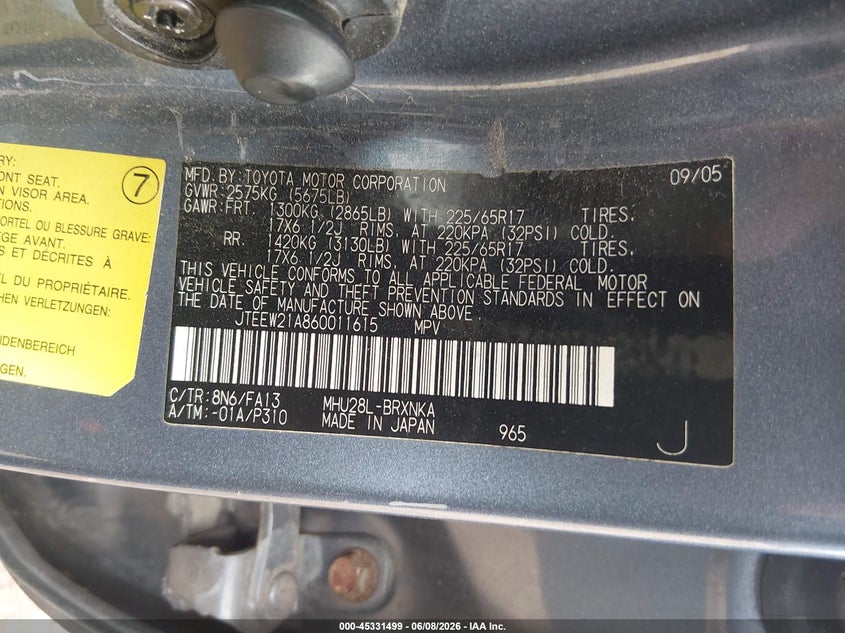 2006 Toyota Highlander hybrid VIN JTEEW21A860011615 IAAI salvage auction — NORMAL WEAR, Clear (Montana), sold $375 on 2026-07-30 (photo 9)