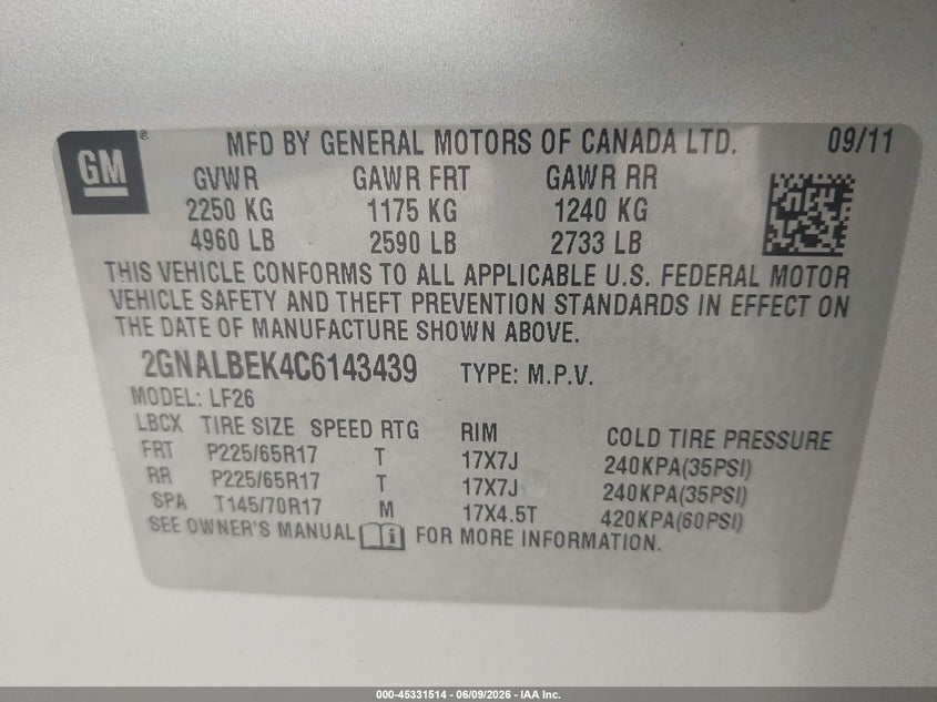 2012 Chevrolet Equinox VIN 2GNALBEK4C6143439 IAAI salvage auction — LEFT FRONT, Salvage Title, sold $525 on 2026-07-11 (photo 9)